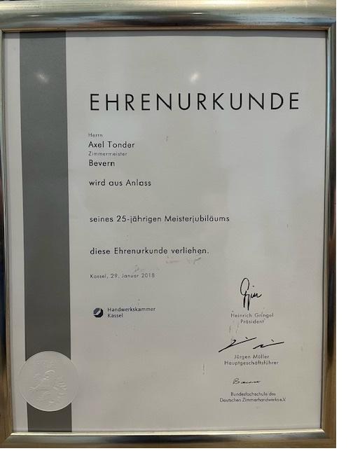 Ehrenurkunde 25 Jahre Meisterjubiläum – Axel Tonder