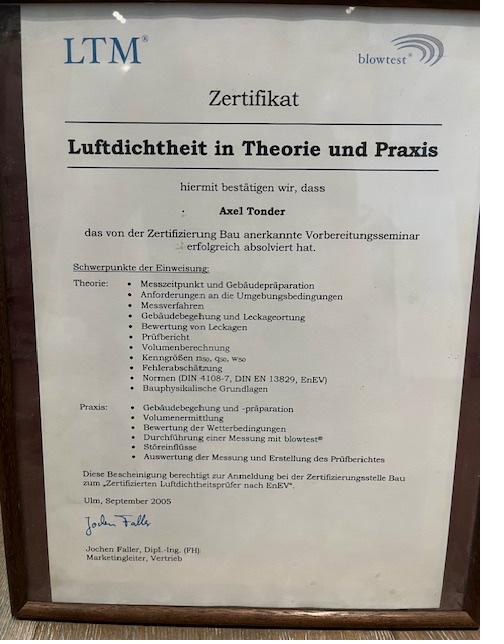 Luftdichtheit Zertifikat LTM blowtest EnEV – Axel Tonder